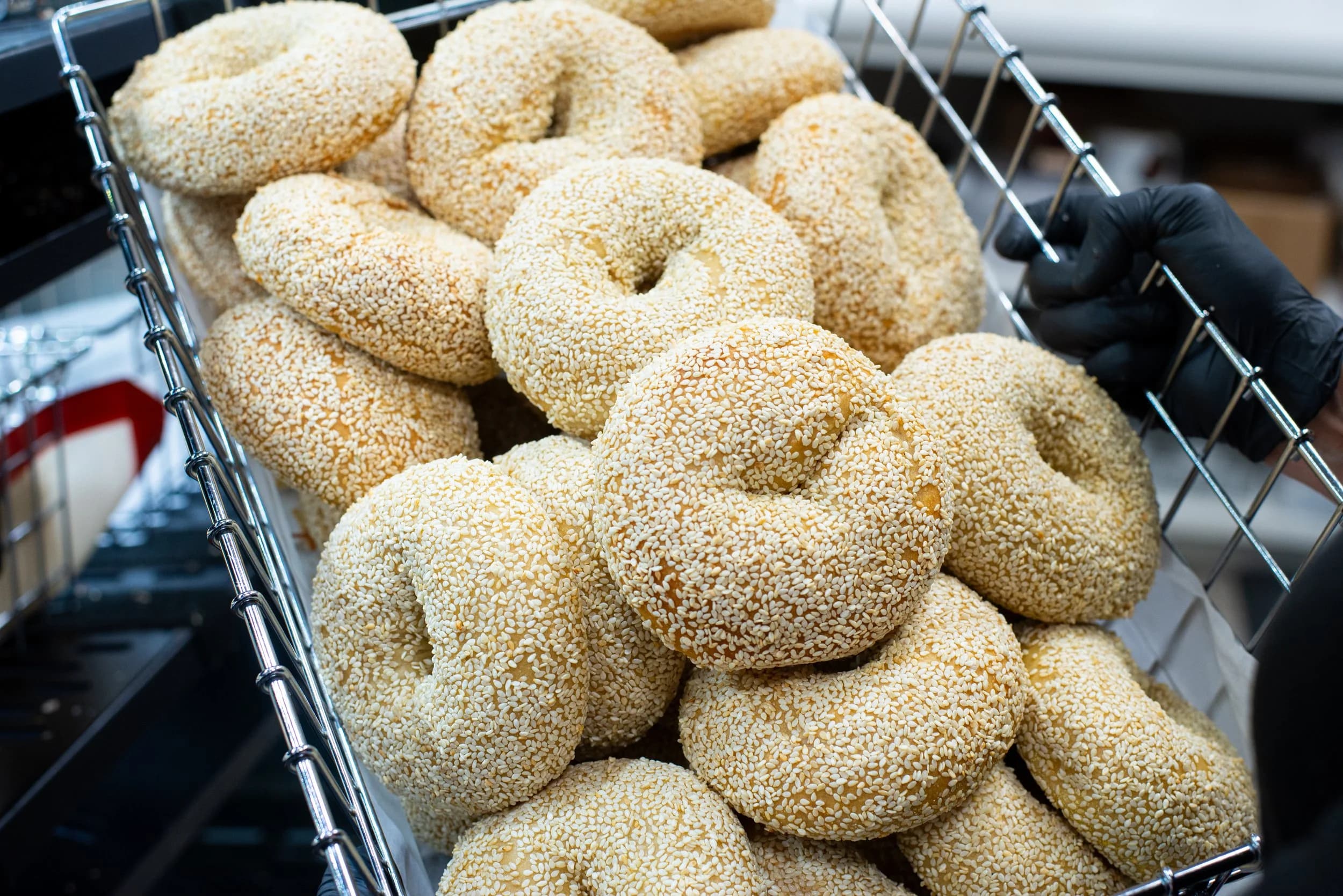 A basket of fresh-baked sesame seed bagels from Dan's Bagels