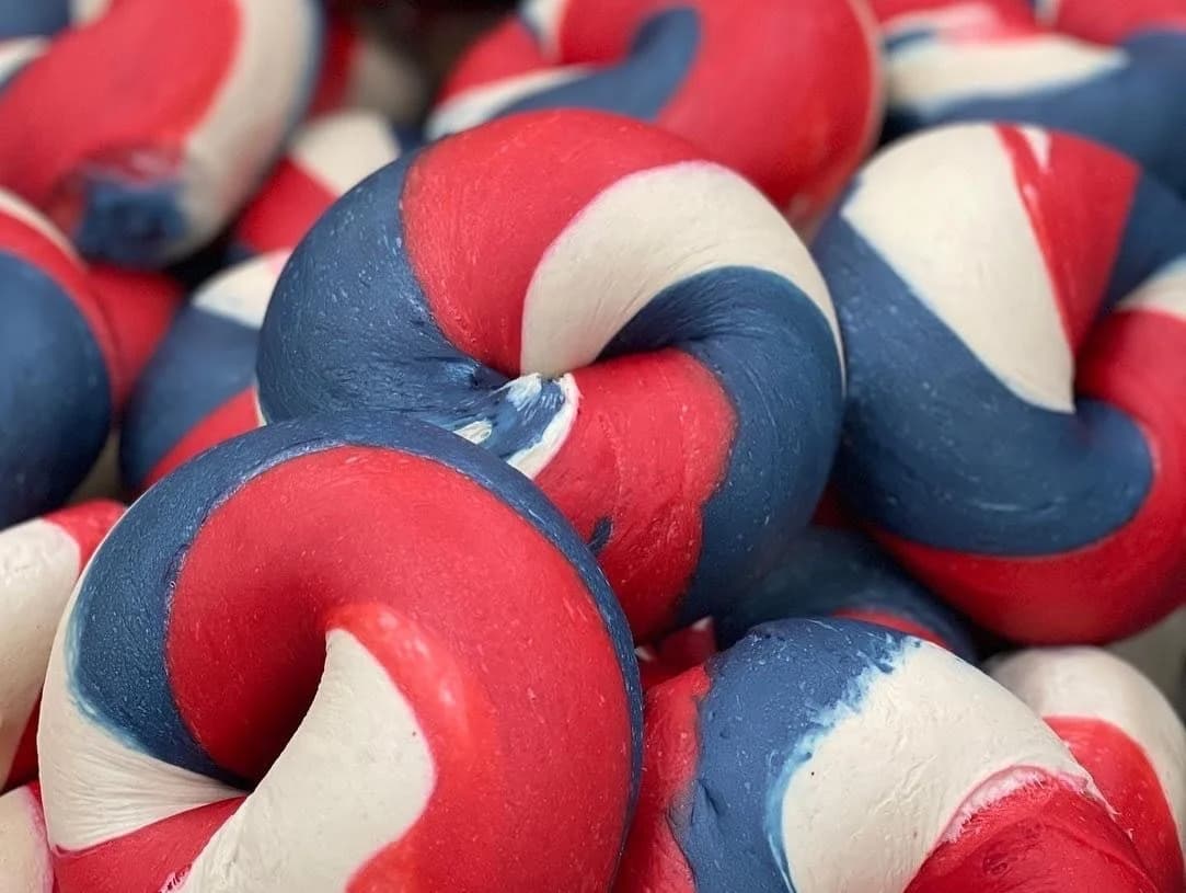 Patriotic red, white, and blue swirl bagels — a seasonal limited edition